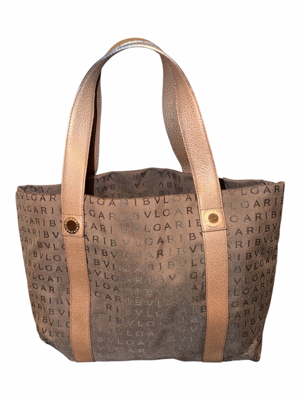 Authentic BVLGARI Logomania Brown Canvas & Bronze Tote Bag